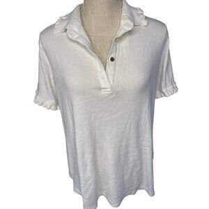 Ann Klein White Ruffle Collar Short Sleeve Polo Shirt XL Womens Casual Chic